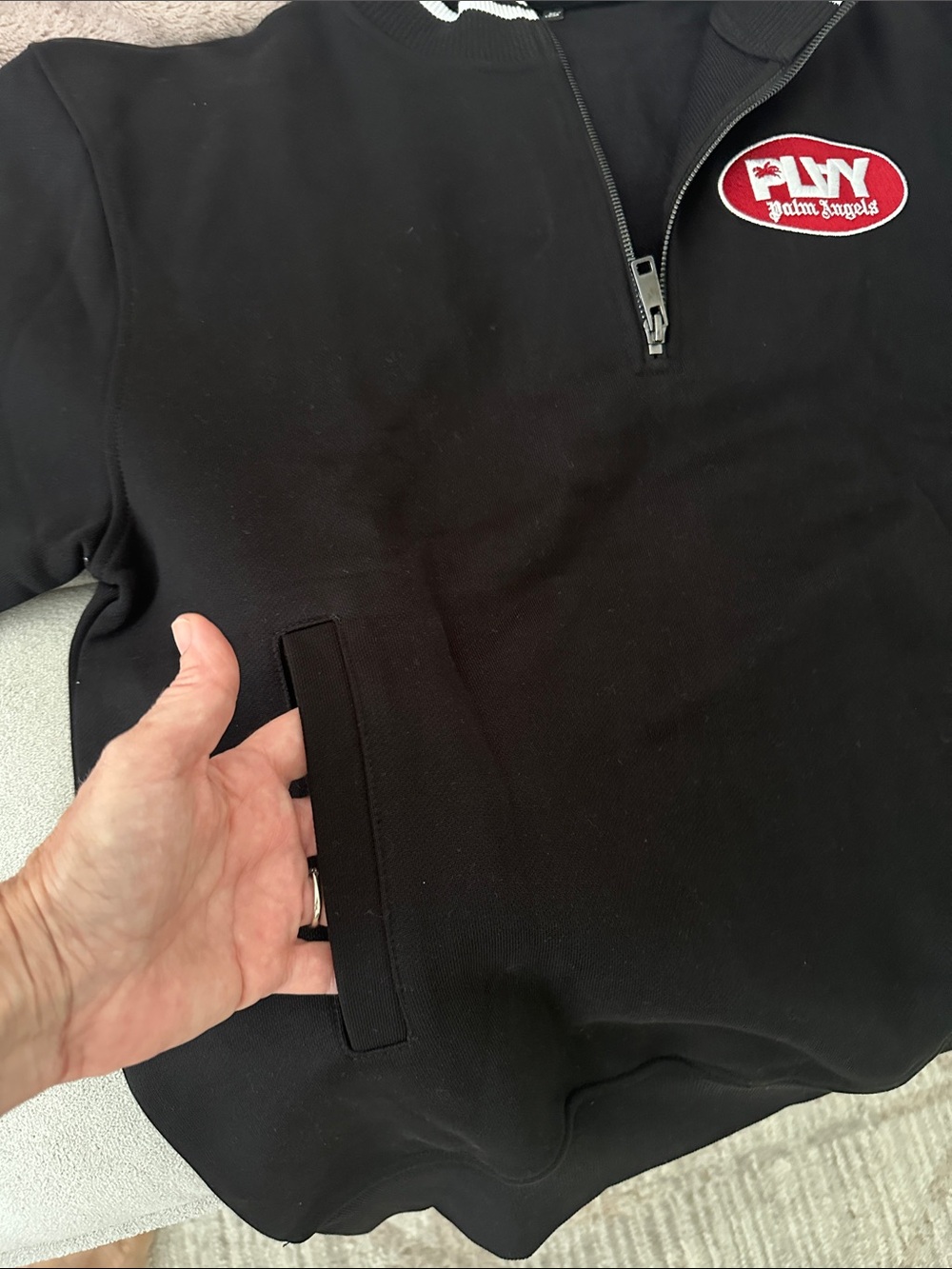 Palm Angels Black Half-Zip Sweater with White Trim and Red Logo - Picture 6 of 7